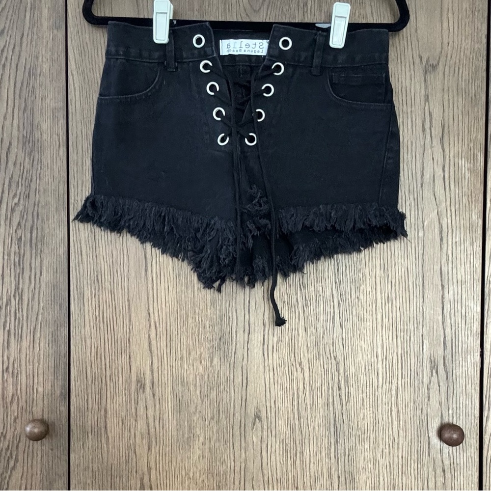 High Waist Lace Up Black Jean Shorts